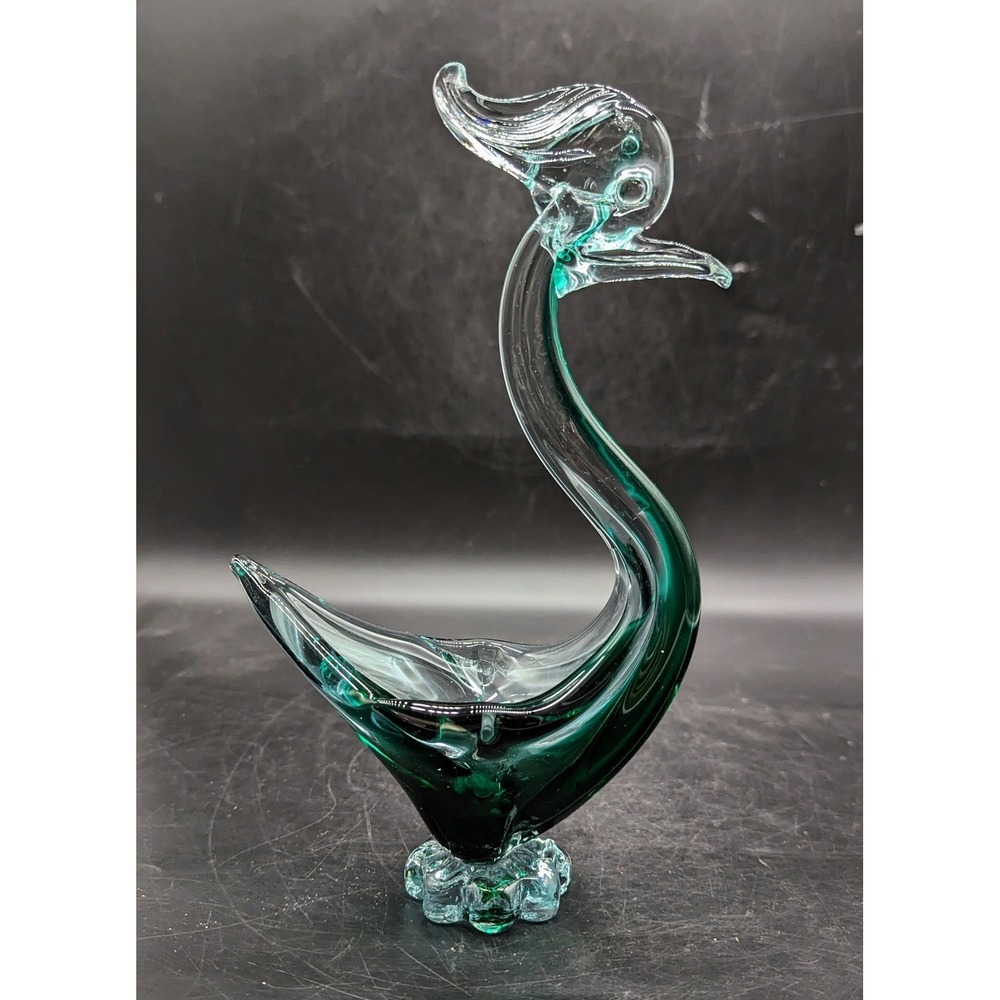 Vintage Green Large 9" Art Glass Crested Bird‎ Swan Bon Bon Trinket Dish